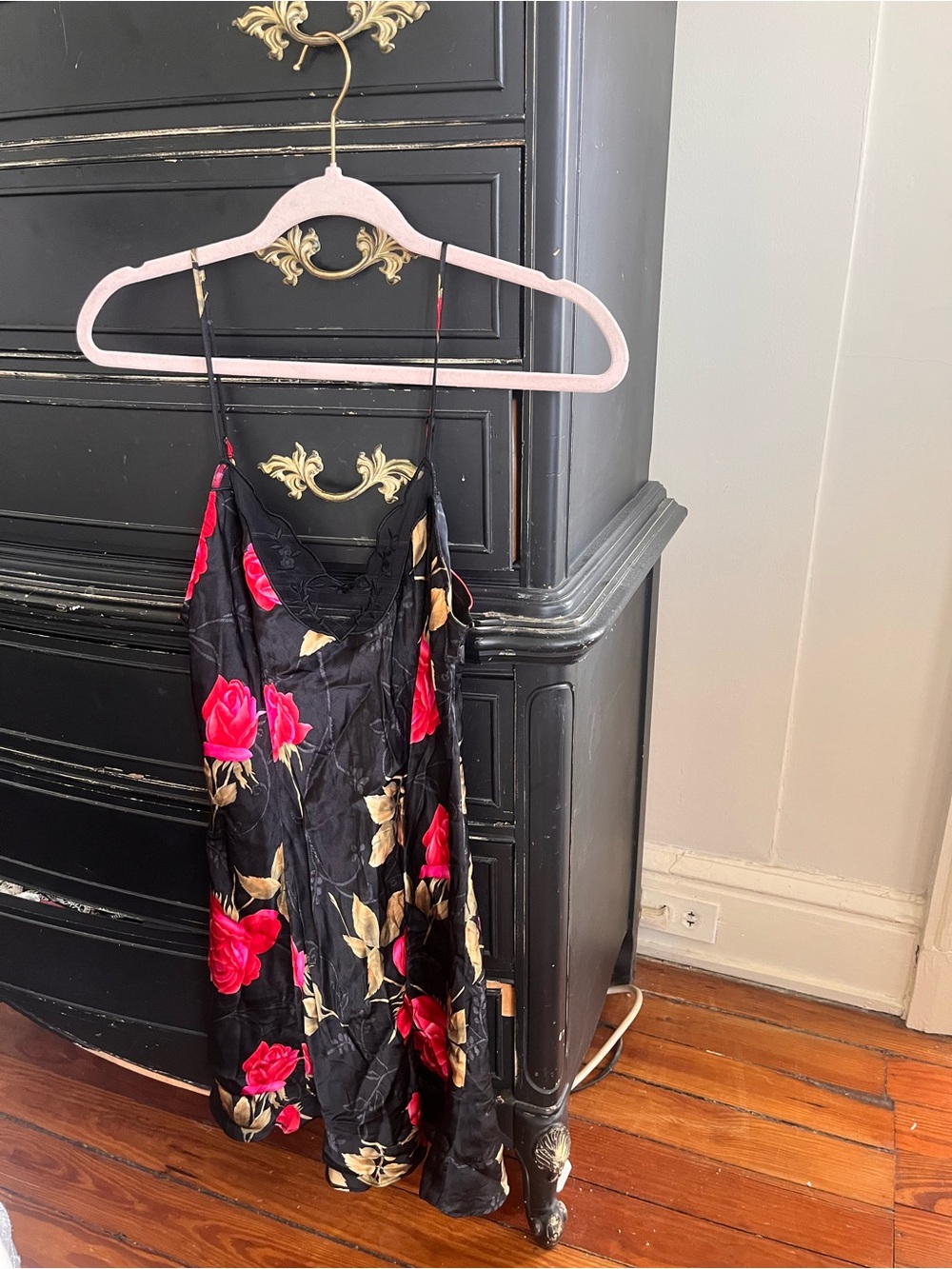 Victoria's Secret Black Floral Satin Slip Dress with Red Roses
